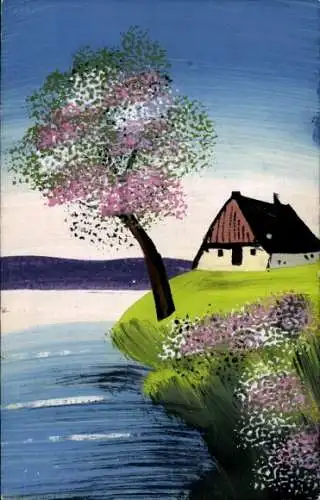 Handgemalt Ak See, Uferpartie, Wohnhaus, Baumblüte