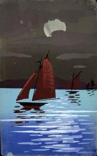 Handgemalt Ak See bei Nacht, Segelboote