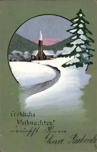 Handgemalt Ak Frohe Weihnachten, Tannenbaum, Dorfidyll