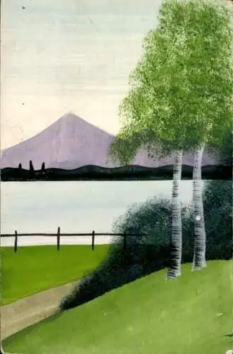 Handgemalt Ak Panorama, Fluss, Berge, Bäume