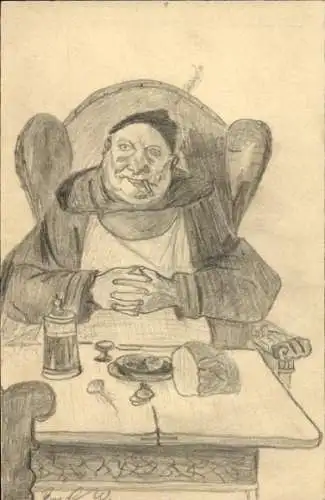 Ganzsachen Ak Mönch beim Essen, Zeichnung