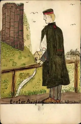 Handgemalt Künstler Ak Schreiber, A., Erster Ausgang