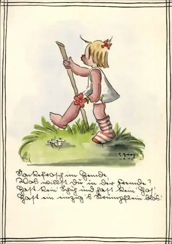 Handgemalt Künstler Ak Mädchen mit einem Strumpf, Gedicht