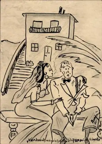 Handgemalt Künstler Ak Brautpaar, Verdammt wenn ich doch bloß spanisch könnte