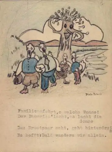 Handgemalt Ak Vermenschlichte Enten, vermenschlichter Baum