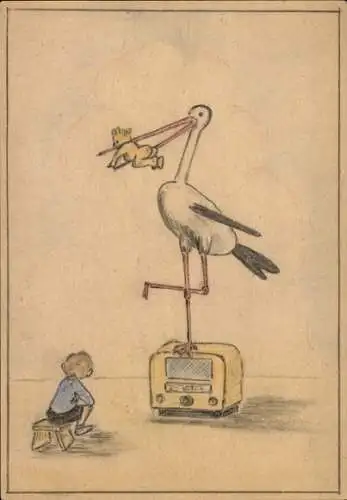 Handgemalt Ak Kind, Storch mit Baby