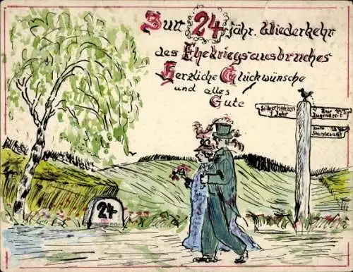Handgemalt Ak Humor, zum 24jähr. Wiederkehr des Ehekriegsausbruches