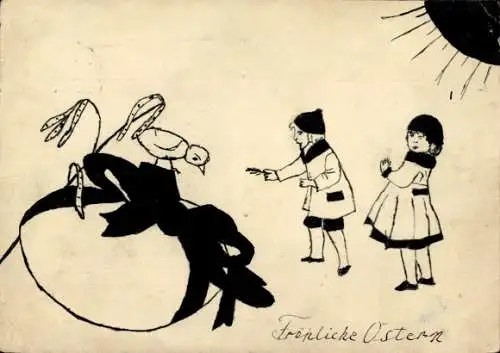 Handgemalt Ak Ostern, Kinder, Osterei mit Schleife