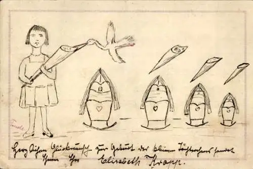 Künstler Ak Handgemalt, Trude, Mädchen, Babywiegen, Storch