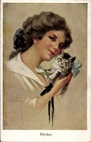 Künstler Ak Gnischaf, Ruab, Kätzchen, Junge Frau mit Katzenbaby