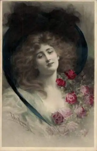 Künstler Ak Gemaltes Porträt einer jungen Frau, Blumen, Hut