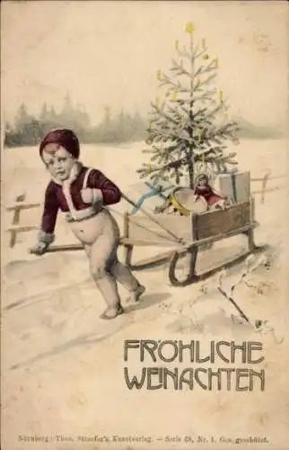 Ak Glückwunsch Weihnachten, Kind, Schlitten, Tannenbaum