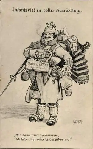 Künstler Ak Lehmann Dumont, Infanterist in voller Ausrüstung, Soldatenhumor, I. WK
