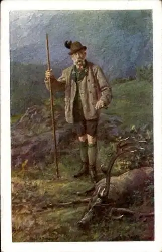 Künstler Ak Kaiser Franz Josef I., Erlegter Hirsch