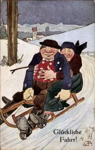 Künstler Ak Ehepaar fährt Schlitten, Schlittenfahrt