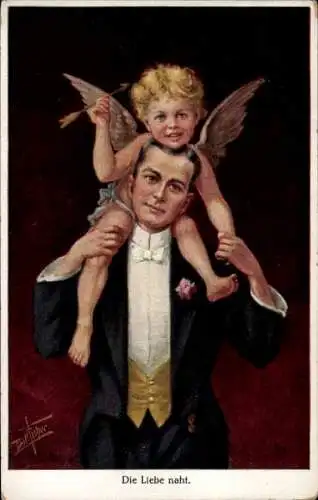 Künstler Ak Fisher, Bill, Die Liebe naht, Liebesengel, Junger Mann