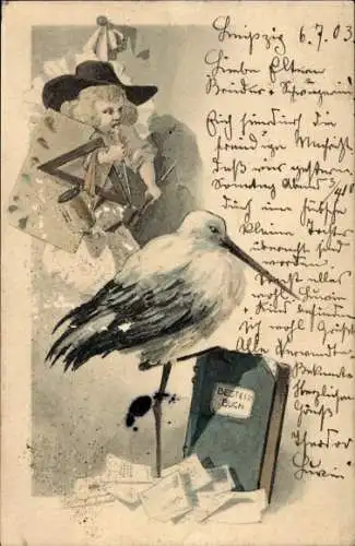 Litho Storch, Bestell-Buch, Baby, Geburt