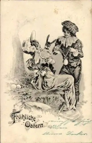 Litho Glückwunsch Ostern, Kinder, Osterhase, Ostereier