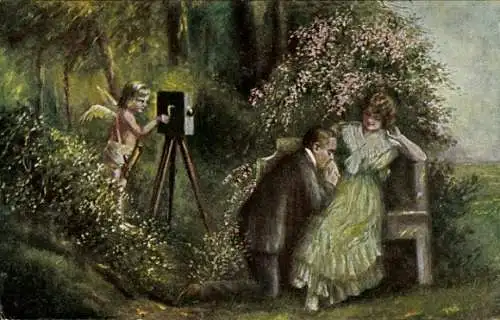 Künstler Ak Mager, H., Armors Schelmenstreich, Liebesengel am Fotoapparat