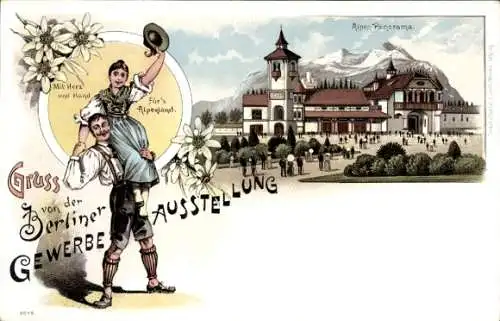 Litho Berlin, Gewerbeausstellung, Alpen Panorama, Frau mit Hut, Mann mit Bierkrug
