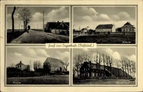 Ak Engerhafe Oldeborg Südbrookmerland in Ostfriesland, J. Nörder, Schule, Kirche, Bauernhof, Land