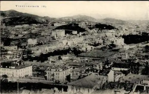 Ak Wladiwostok Russland, Luftbild der Stadt