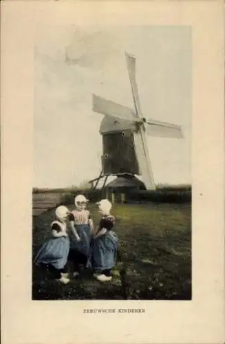 Ak Zeeuwsche Kinderen, Mädchen in niederländischer Volkstracht, Windmühle