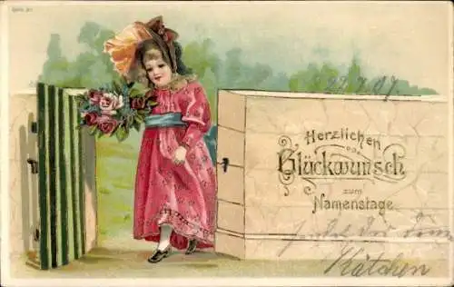 Ak Glückwunsch Namenstag, Mädchen mit Blumenstrauß