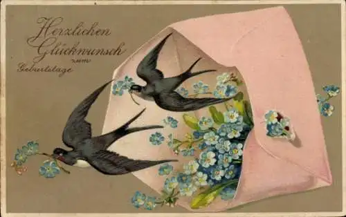 Präge Ak Glückwunsch Geburtstag, Blumen, Schwalben
