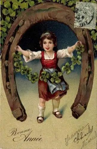 Präge Ak Glückwunsch Neujahr, Kind, Glücksklee, Hufeisen
