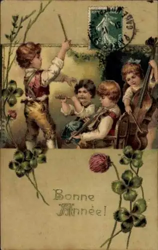 Präge Ak Glückwunsch Neujahr, Kinder beim Musizieren