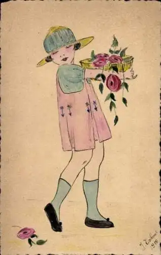 Künstler Ak Mädchen mit Blumenkorb, Porträt, Rosen