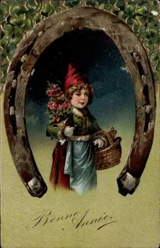 Präge Ak Glückwunsch Neujahr, Kleeblatt, Hufeisen