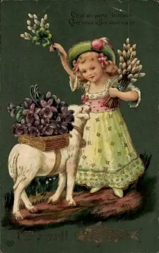 Präge Ak Glückwunsch Ostern, Mädchen mit Lamm