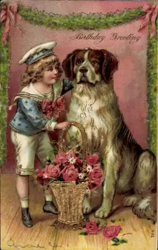Glitzer Präge Ak Glückwunsch Geburtstag, Blumen, Junge mit Hund