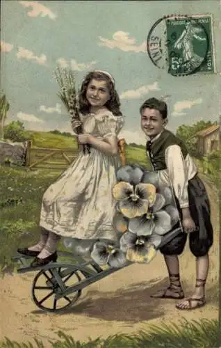 Präge Ak Kinder, Schubkarre, Stiefmütterchen