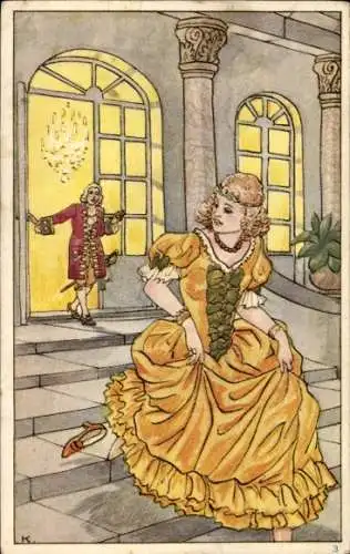 Ak Märchen, Achenbrödel entflieht vom Hofball