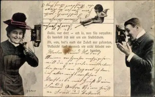 Ak Liebespaar beim Telefonieren, Telefon