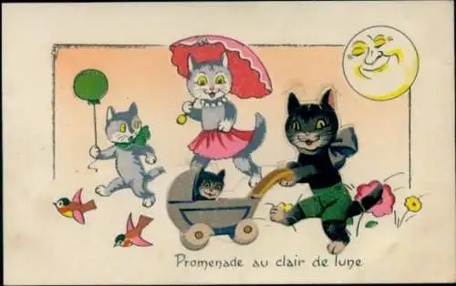 Ak Promenade au clair de Lune, Katzen