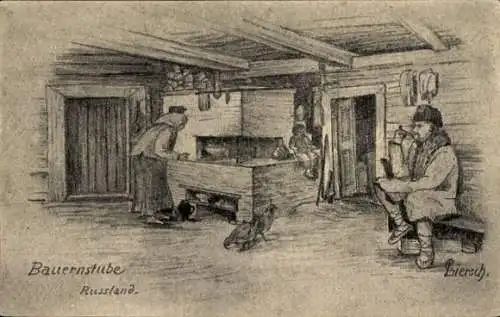 Künstler Ak Biersch, Russland, Bauernstube