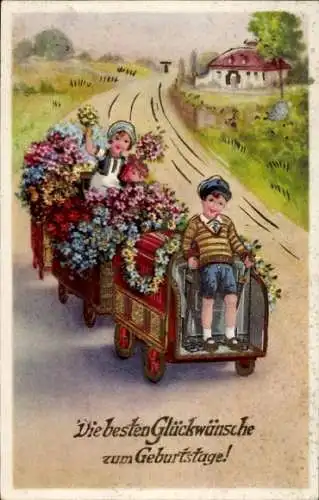 Ak Glückwunsch Geburtstag, Zwei Kinder auf einem Leiterwagen voller Blumen