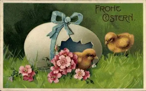 Präge Ak Glückwunsch Ostern, Küken, Osterei, Blumen