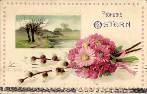 Präge Passepartout Ak Glückwunsch Ostern, Dorfidyll, Weidenkätzchen