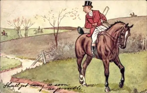Künstler Ak Mann zu Pferde, Wiese, Fluss, Zaun