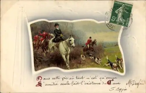 Präge Ak Jagd, Jagdhunde, Menschen zu Pferden
