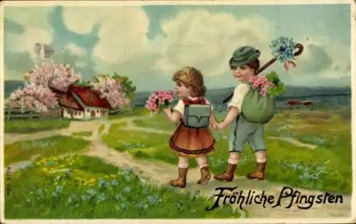 Ak Glückwunsch Pfingsten, Kinder, Blumen, Wohnhaus