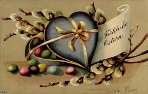 Präge Ak Glückwunsch Ostern, Schachtel, Ostereier, Weidenkätzchen