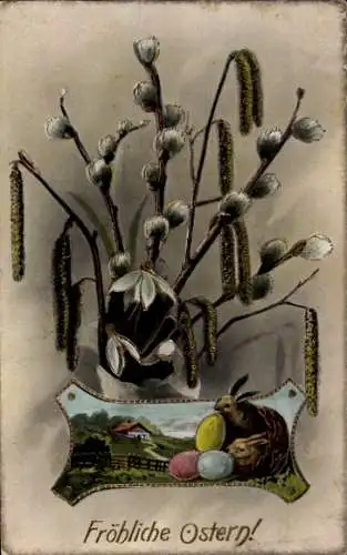 Ak Glückwunsch Ostern, Weidenkätzchen, Ostereier, Osterhasen
