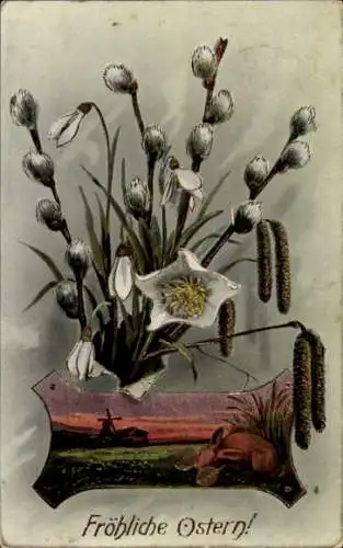 Ak Glückwunsch Ostern, Weidenkätzchen, Ostereier, Osterhase