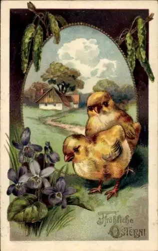 Präge Ak Glückwunsch Ostern, Küken, Blumen, Haus